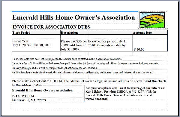 Click on this image for a printable copy of the dues invoice